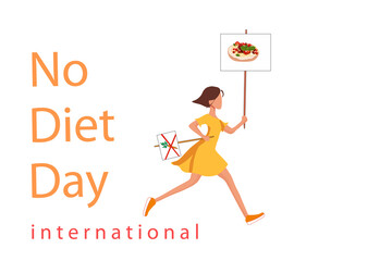 International Day Without a Diet. A girl walking towards sweets with banners. Vector illustration in a flat style for any design.
