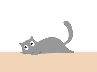 Vector illustration of a cute gray cat with big eyes lying on the floor. A cartoon-style picture. Suitable for postcards, clothing prints, and any design.