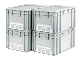 Grey plastic storage boxes on white background.