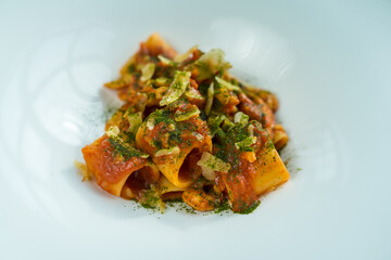 Tomato pasta with parmesan, basil and laurel oak close-up view