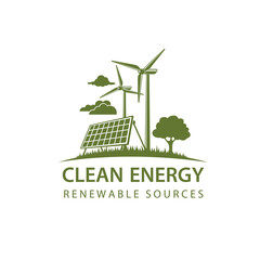 renewable energy icon with wind turbine and solar panel isolated on white background © Alexkava