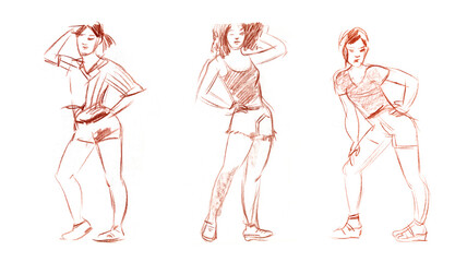 Quick Sketches from Life with different graphic materials sepia, sanguine, charcoal pencil 