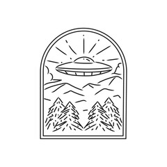 Line art ufo emblem monoline design vector