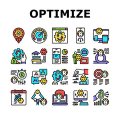 Optimize Operations Collection Icons Set Vector. Optimize Internet Speed And Electronics, Smartphone And Computer, Education And Work Concept Linear Pictograms. Contour Color Illustrations