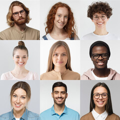 Collage of portraits and faces of multiracial group of various smiling young people, best use for...