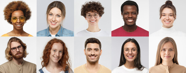 Collage of portraits and faces of multiracial millennial group of various smiling young people, good use for userpic and profile picture. Diversity concept - obrazy, fototapety, plakaty