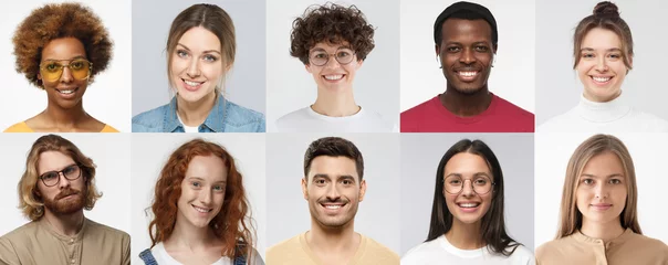 Fotobehang Collage of portraits and faces of multiracial millennial group of various smiling young people, good use for userpic and profile picture. Diversity concept © Damir Khabirov