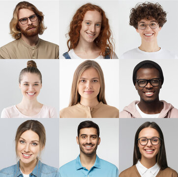 Collage of portraits and faces of multiracial group of various smiling young people, best use for userpic and profile picture. Diversity concept