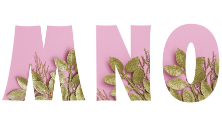Floral golden glitter pink font letters M,N,O isolated on white
