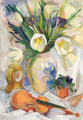 Still life with white tulips in a vase with a violin. Gouache painting