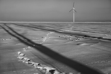 Pojedyncza elektrownia wiatrowa na zaśnieżonym polu  © FotoArt MP