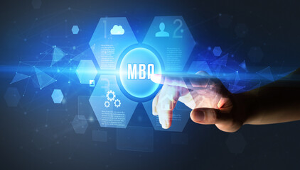 Hand touching MBA inscription, new technology concept