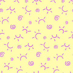 Vector abstract doodle seamless pattern. Pink shapes on yellow background print. Lines and circles ornament for textile, wallpaper, wrapping paper, fabric, scrapbooking, design and decoration.