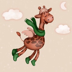 Flying giraffe in the clouds. Happy giraffe with wings. Hand drawn children‘s illustration, perfect for kids clothing, fashion print design and greeting cards 