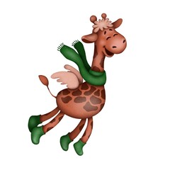 Flying giraffe in the clouds. Happy giraffe with wings. Hand drawn children‘s illustration, perfect for kids clothing, fashion print design and greeting cards