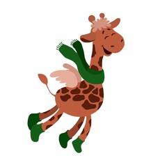 Flying giraffe in the clouds. Happy giraffe with wings. Hand drawn children‘s illustration, perfect for kids clothing, fashion print design and greeting cards 