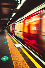 London UK January 2021 London Tube underground metro approaching the station platform, blurred in motion with long exposure. Vertical dark moody shot