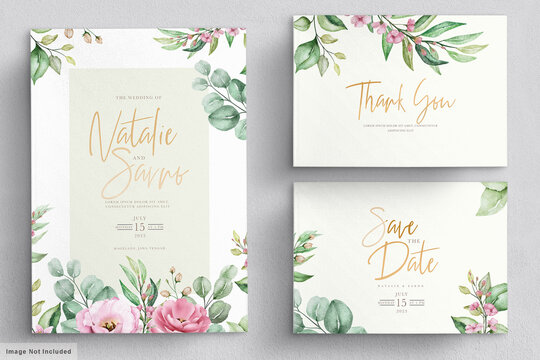 Elegant watercolor hand drawn floral wedding invitation card