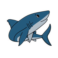 Vector cute cartoon doodle shark from ocean or sea. Outline animal is isolated on white background for kid books or prints on t-shirts. Animal is bent, body rotation.
