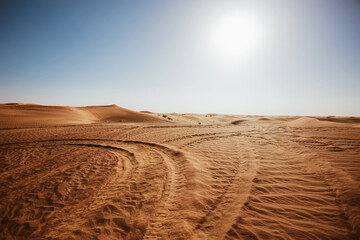 Beautiful Dubai desert landscape with plants and two riding quad buggy vehicles, sand with wheel tracks and blue sky