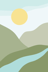 Nature banner in flat boho style. Illustration of a river among mountains and green plains in sunny weather. Vector image of abstract art, landscape background, color poster in minimalism style.
