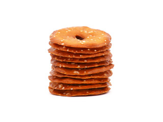 Flatten salty pretzel crackers isolated on white
