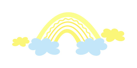 Separate element yellow boho rainbow with cute blue and yellow clouds, for children's cards, posters in the nursery, for children's fabric. Hand drawn colored baby rainbow in a minimalistic style.