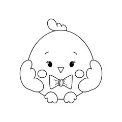 Cute baby chicken vector illustration isolated on white background. Outline hand draw doodle illustration. Easter holiday. Design for coloring page.