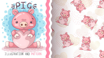Pig with heart - seamless pattern