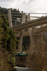 hanging viaduct between rocky mountains over the rapids river in the pyrenees