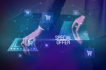 Online shopping with SPECIAL OFFER inscription concept, with shopping cart icons