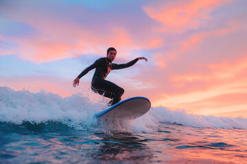 Fototapeta Young surfer boy, surfing at sunset on a Portuguese beach. Copy Space obraz