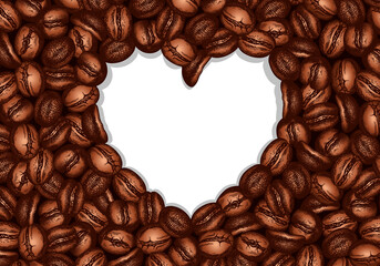Sketch hand drawn background with brown roasted coffee beans in heart shape. Coffee grains poster, card, frame, wallpaper. Arabica, robusta, espresso, caffeine, seed, cafe, drink. Vector illustration. - 415485075