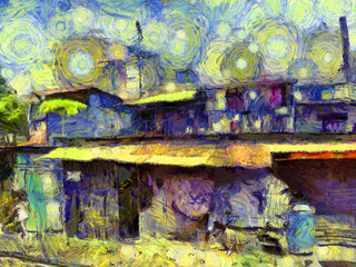 Slum community housing in the big city Illustrations creates an impressionist style of painting.