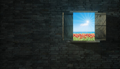3d rendering of window with nice view in brick wall