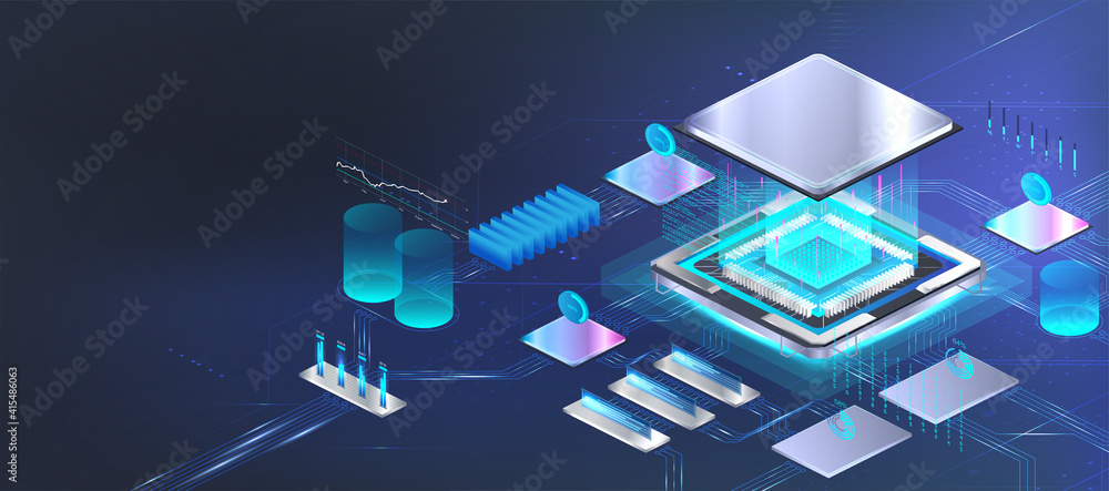 Poster CPU microchip banner in isometric. Futuristic processor microchip with components installed on motherboard. Isometric illustration Сircuit board CPU. Hi-tech microchip and microprocessor AI. Vector