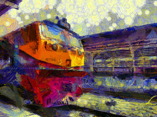 Thai train at the train station Illustrations creates an impressionist style of painting.
