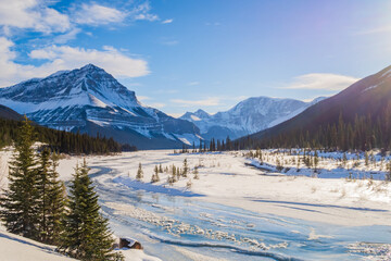 Beautiful winter view of the Athabasca river in Jasper national park, Canada