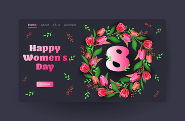 womens day 8 march holiday celebration banner flyer or greeting card with flowers horizontal vector illustration