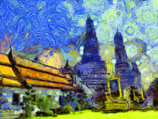 Landscape of wat arun bangkok thailand Illustrations creates an impressionist style of painting.