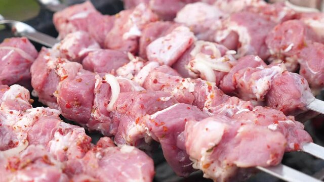 Grilling pork kebab on skewers at bbq, cooking process. Outdoors