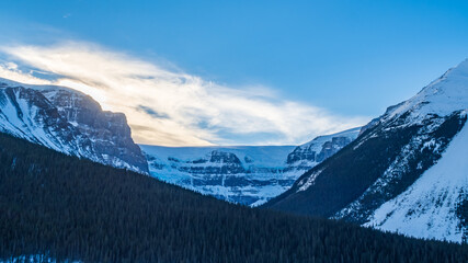 Panoramic view of a glacier along  the Icefields parkway in Canada