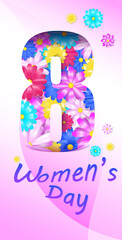 womens day 8 march holiday celebration banner flyer or greeting card with flowers and number eight vertical vector illustration