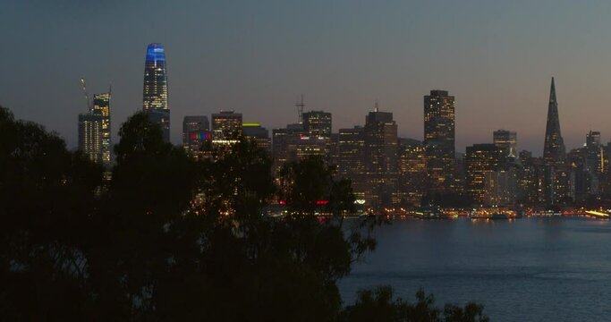 Lowering Aerial Shot of the San Francisco Skyline at Dusk 