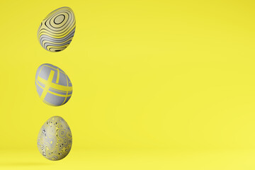 Row of three Easter eggs in trendy colors 2021 Illuminating and Ultimate gray, copy space. 3D render