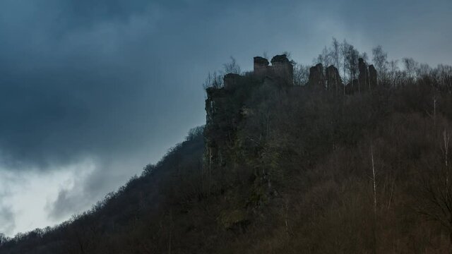 Medieval fortress silhouette on a stormy weather. Time lapse. No birds. This medieval fortress was the source of inspiration for the novel "The Carpathian Castle" by french author, Jules Verne.