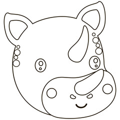 Cartoon black and white face of a baby rhino and a smile. Adorable contour head for coloring page, digital stamp, logotype, icon. Vector.
