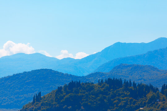 Blue scenery with mountains . Mountainous landscape