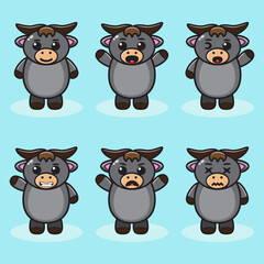 Vector illustration of cute Buffalo cartoon. Cute Buffalo expression character design bundle. Good for icon, logo, label, sticker, clipart.