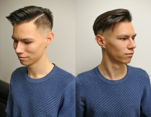 Fototapeta premium Young man with modern short haircut in a beauty salon, two photos from different angles